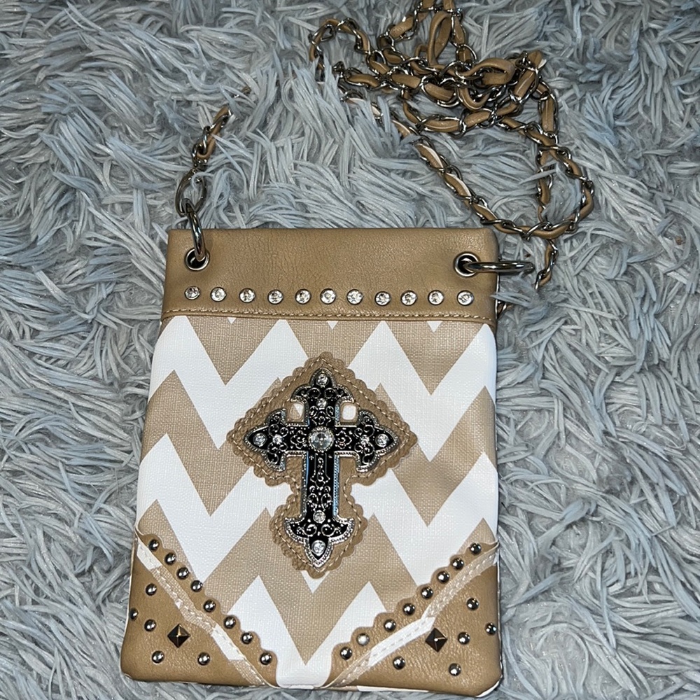 Tan and White Chevron Crossbody Purse with Cross